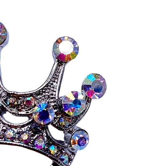 Vintage Style Princess Crown Brooch Pin Aurora Borealis Rhinestones Silver Tone - Picture 5 of 7